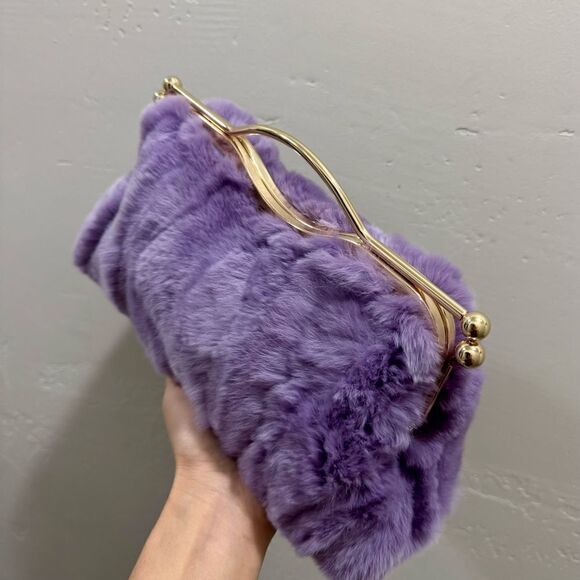 Lilac Handmade Real Rex Rabbit Fur Double Kisslock & Top Handle Purse/Crossbody - Picture 12 of 16